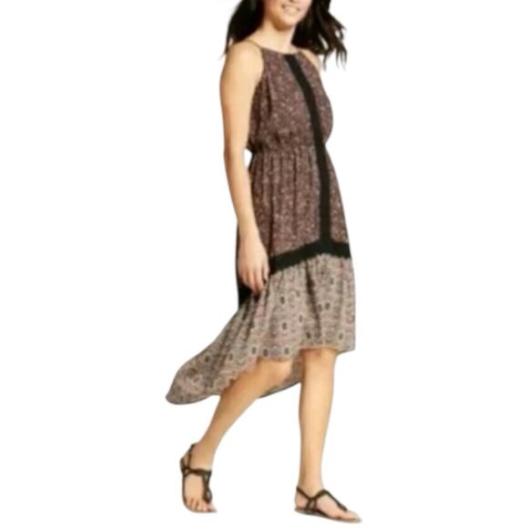 Boho Hi Low Halter Dress XS Brown Floral Dark Prairie Earthy Whimsigoth Hippie - Picture 2 of 16